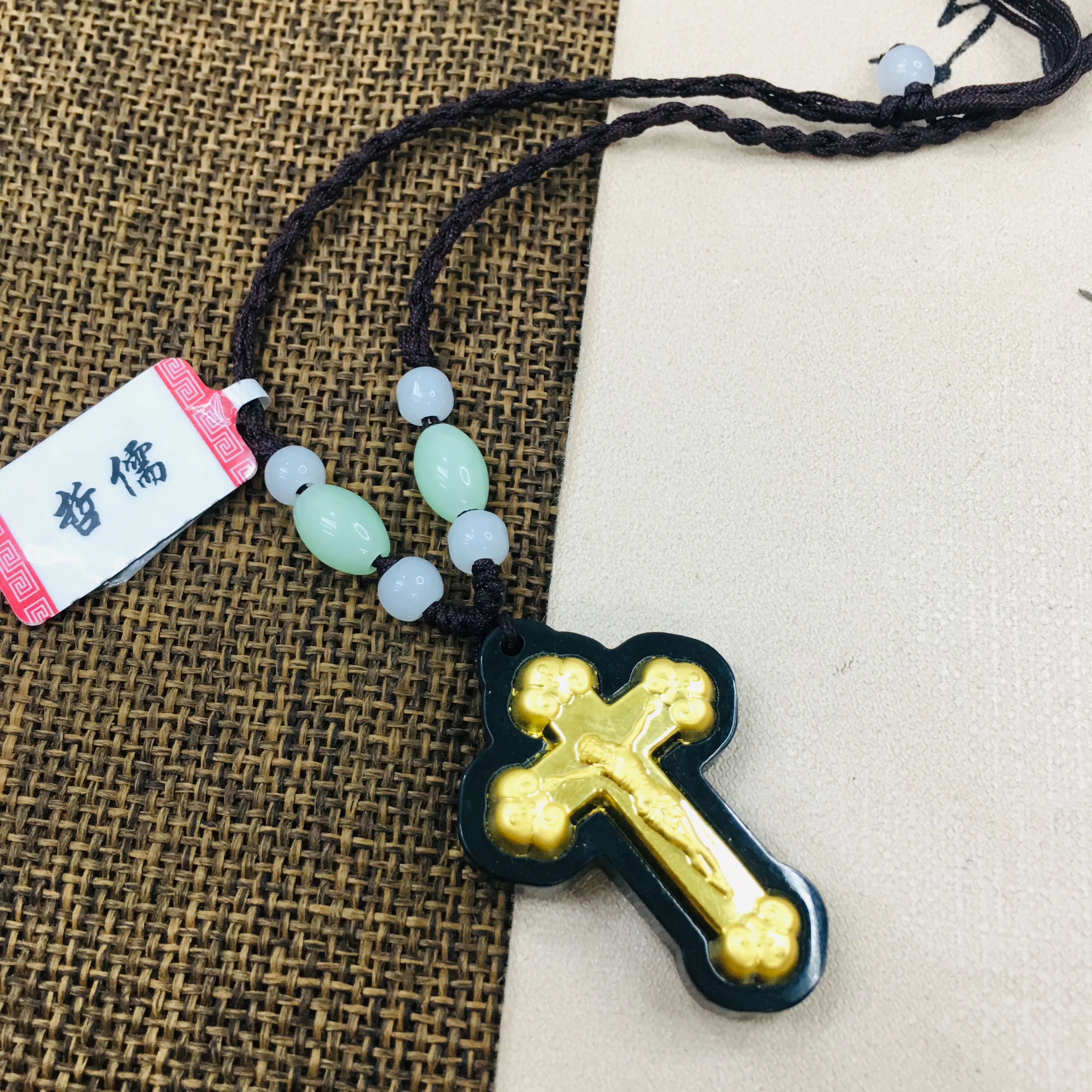Zheru Natural Hetian Black Jade Inlaid Gold Cross Pendant with Green Bead Rope Necklace Male and Female Jewelry Send a certifica | Украшения
