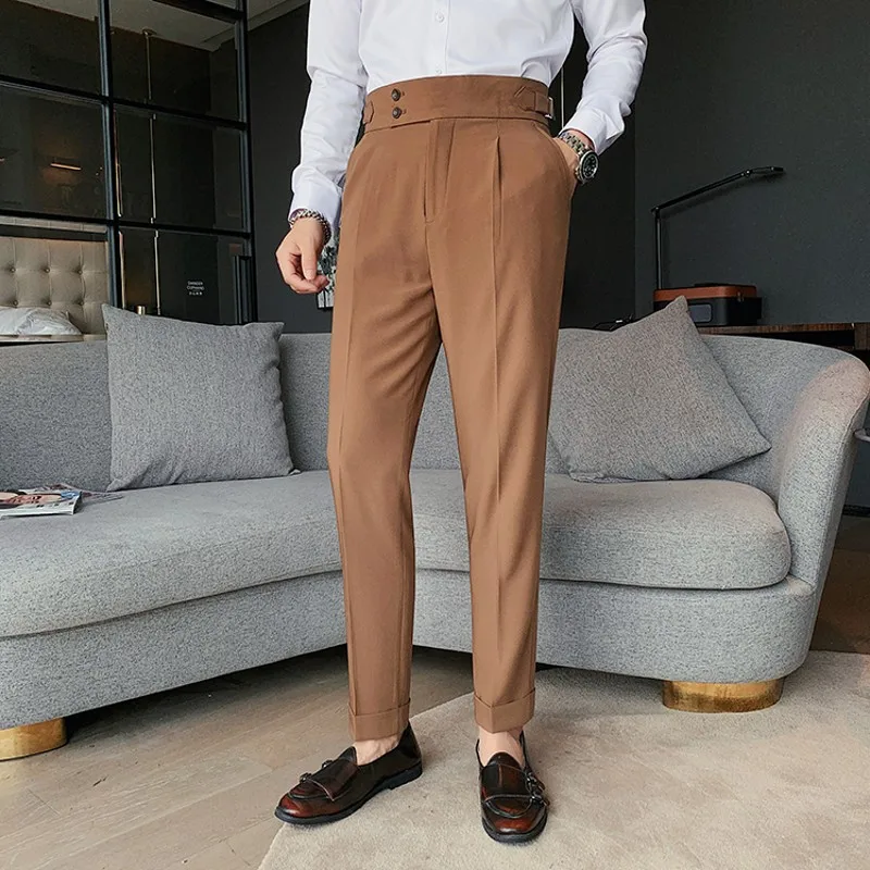 New Design Men High Waist Trousers Solid England Business Casual Suit Pants Belt Straight Slim Fit Bottoms White Clothing