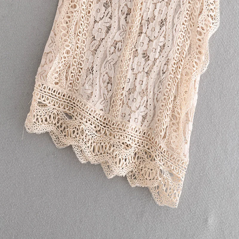 Женские кружевные блузки с рукавом бабочкой открытые бежевые топы пэчворком