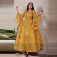 dubai arabic gold evening dresses flare long sleeve organza formal prom dress lace appliques sequined party gowns