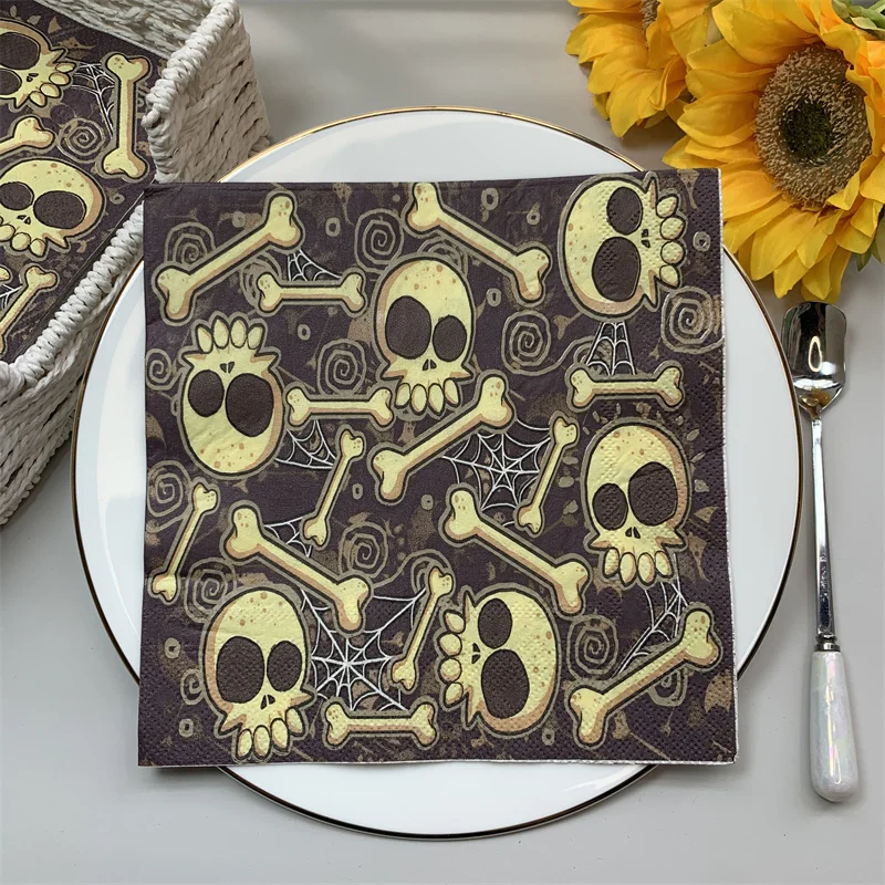 

2021 New 20Pcs/Pack Halloween Skull Decoupage Paper Napkins Black Spiderweb Paper Tissues for Halloween Party Table Decor H