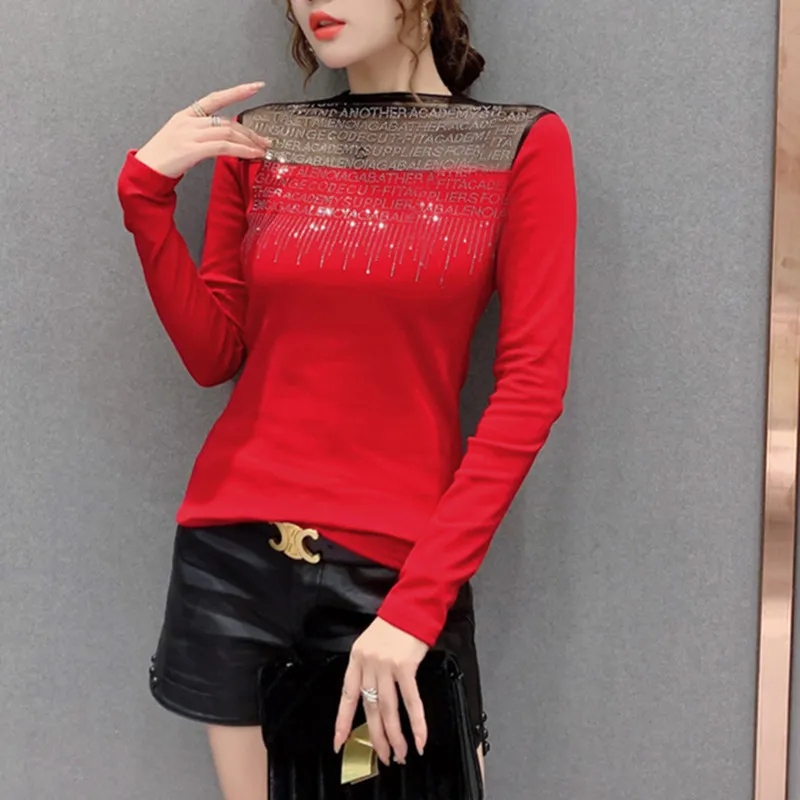 

Fall Winter Korean Style T-Shirt Fashion Sexy Patchwork Letter Shiny Diamonds Women Tops Ropa Mujer With Fleece Tees New T00310A