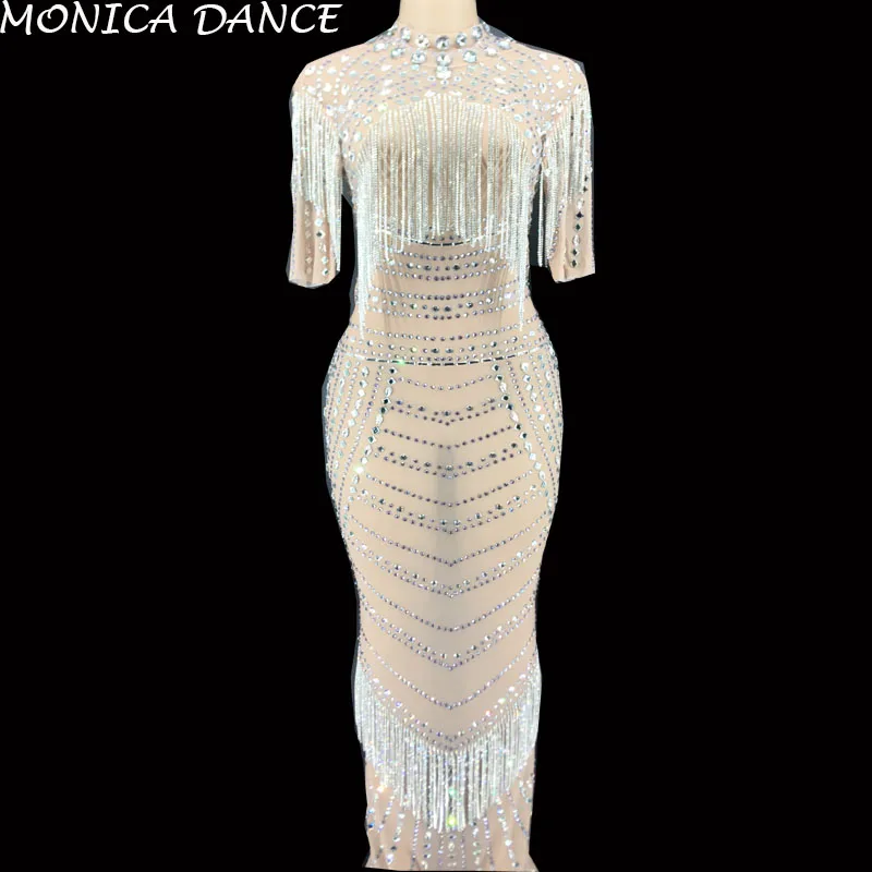 

Женское сексуальное сценическое Сетчатое платье с серебряными кристаллами, женское платье для свадьбы, дня рождения, празднования вечеринки, прозрачное Сетчатое платье для выпускного вечера
