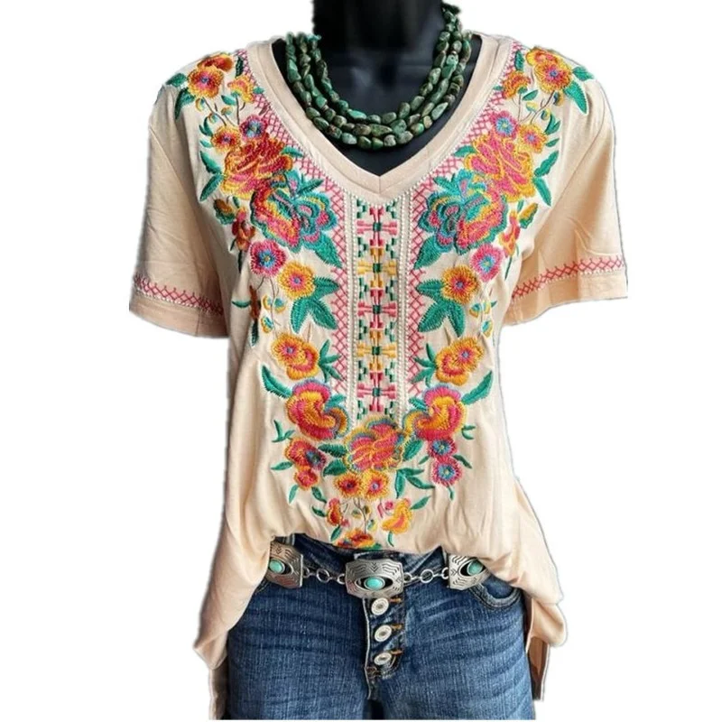 

Lugentolo Short Sleeve Embroidery Printing Tshirts Women Plus Size Loose Round Neck Casual Tees Women