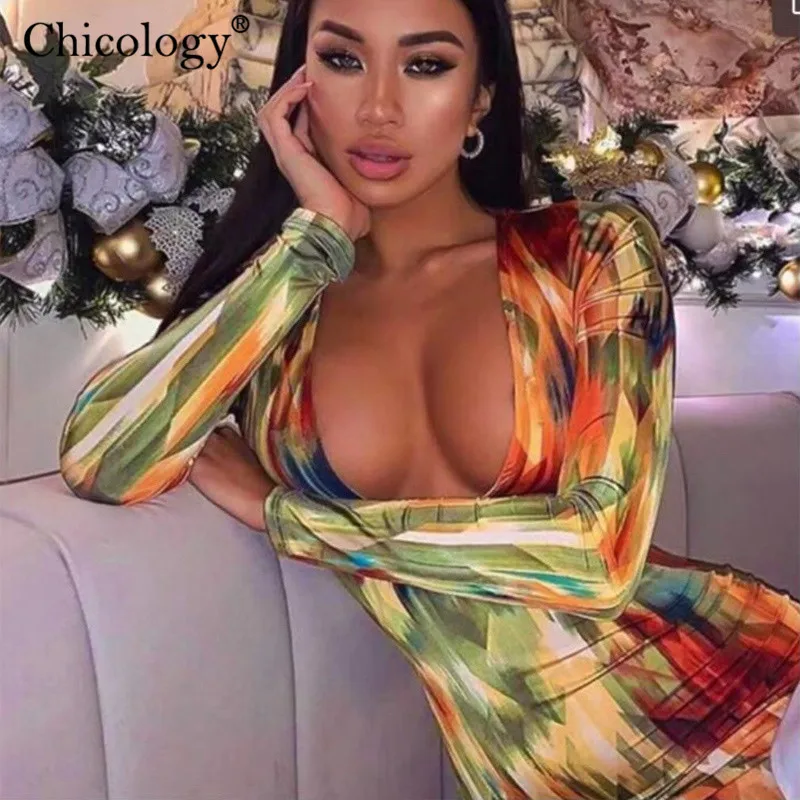 Chicology geometric print longs leeve v neck midi dress women sexy streetwear outfit 219 autumn winter party club casual clothes | Женская