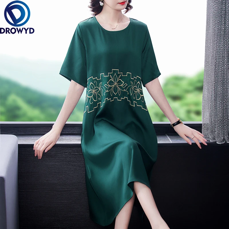 

Женское платье из шелка тутового шелкопряда, с коротким рукавом, винтажное Повседневное платье-миди, размеры 4XL, 2021, лето размера плюс