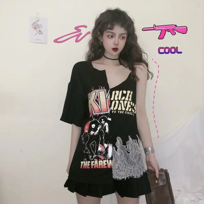 

Cool women's Korean patchwork t-shirts Harajuku style short sleeve female tees hip hop letter pattern Printing t-shirt solid