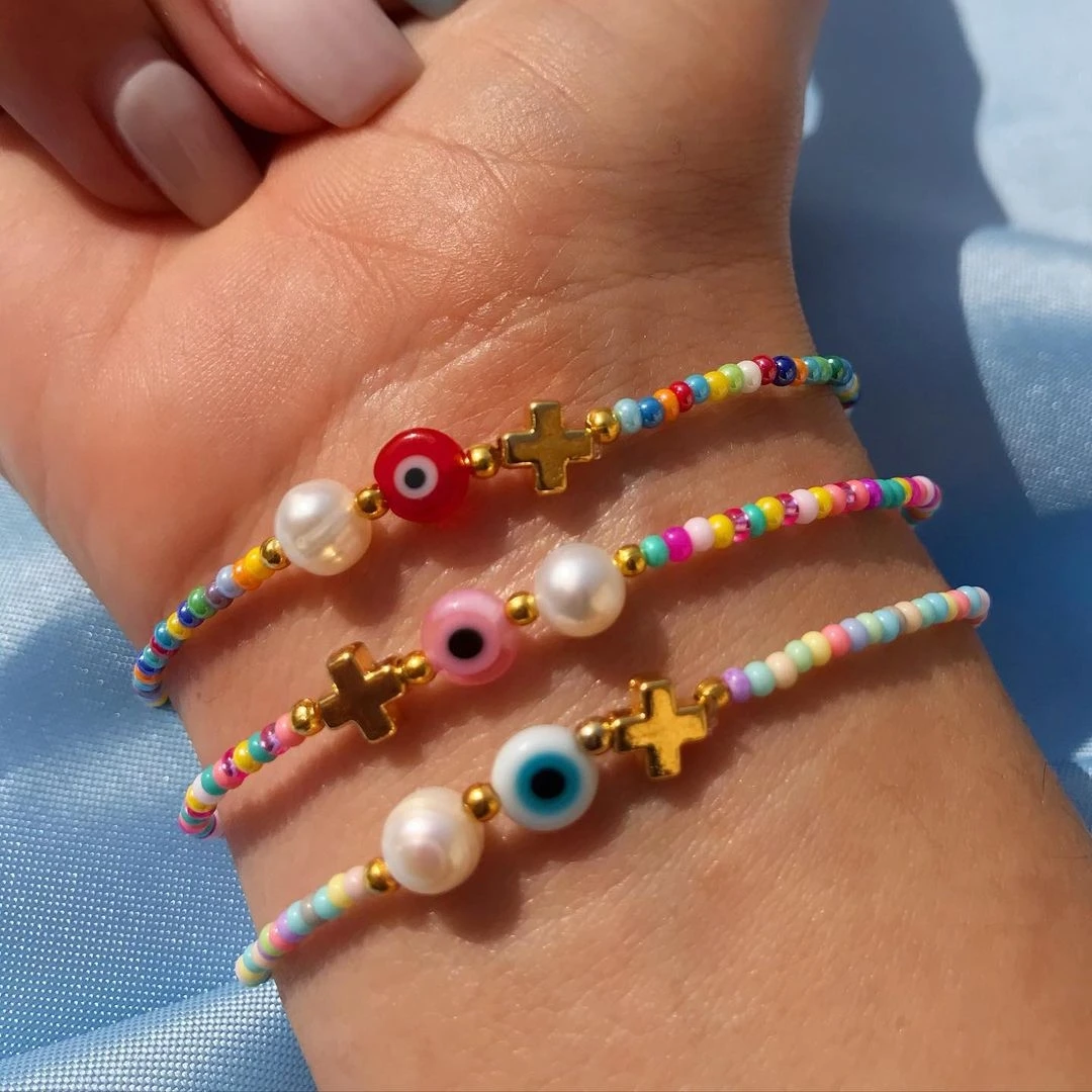 

3pcs/Set Natural Pearl Charmful Christian Cross and Evil Eye Beaded Colorful Bracelets for Woman as Speical Fashion Jewelry Gift