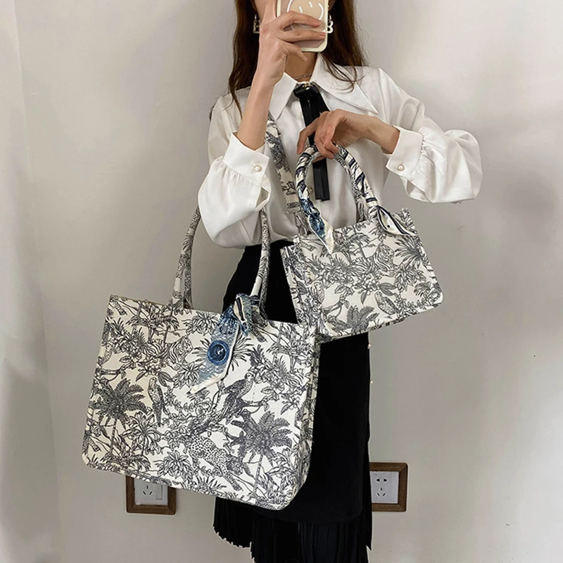 

Luxury Canvas Handbag for Women's Fashion Brand Designer Bag Jacquard Embroidery Female Girls Shopper Canvas Tote Shoulder Bag