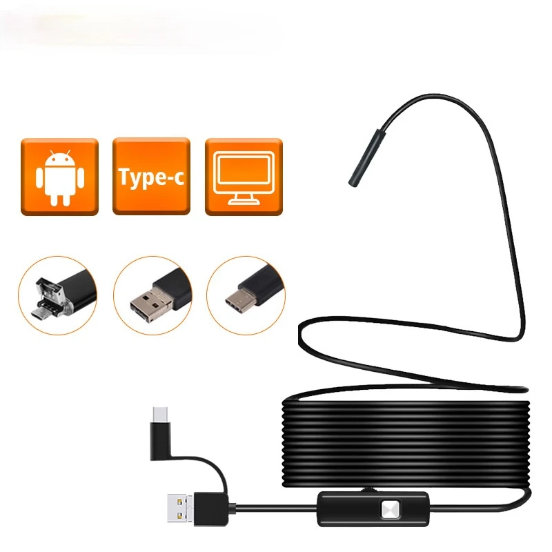 

3 in 1 Semi-rigid USB Endoscope Camera 5.5MM IP67 Waterproof Snake Camera With 6 Led for Windows & Macbook PC Android Endoscope