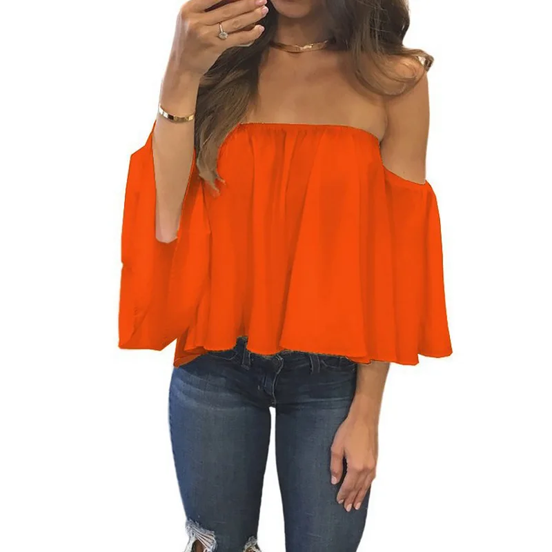 

Summer Sweet Solid Off Shoulder Chiffon Shirt Women Slash Neck Full Lantern Sleeve Loose Blouse Sexy Casual Party Club Tops 5XL