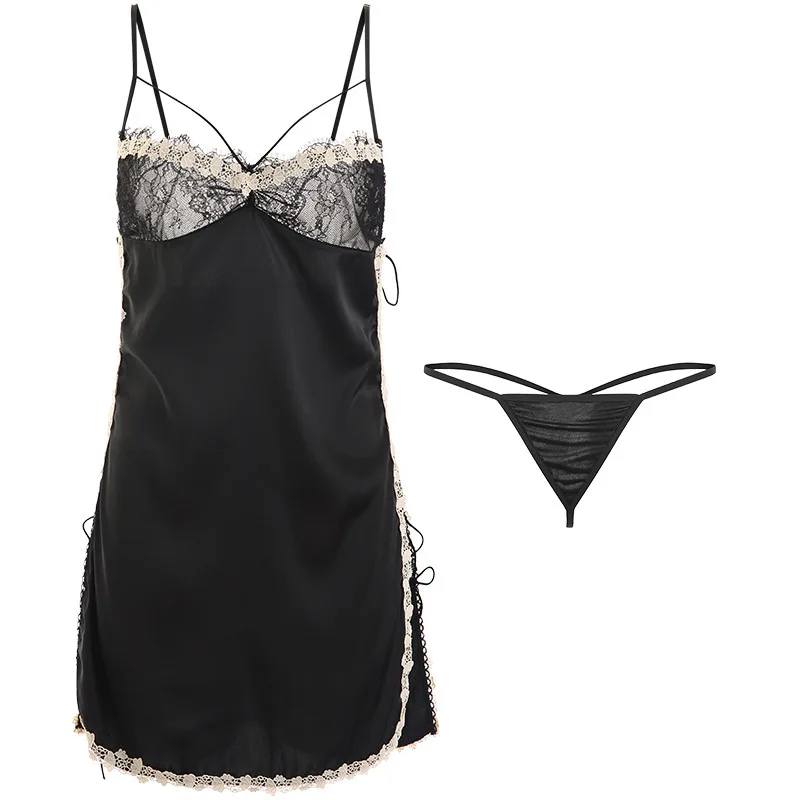 

Creation 202 Women's Sexy Pajamas Satin Nightdress Side Lace Sexy Home Suspender Nightdress Sexy Lingerie