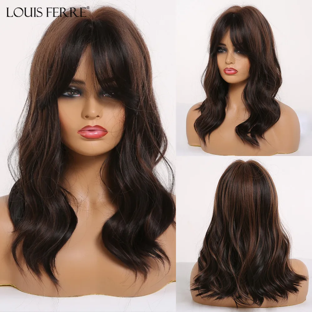 

LOUIS FERRE Medium Wavy Highlight Black Brown Synthetic Wigs Cosplay Wig With Bangs For Black Woman Afro Heat Resistant Fibre