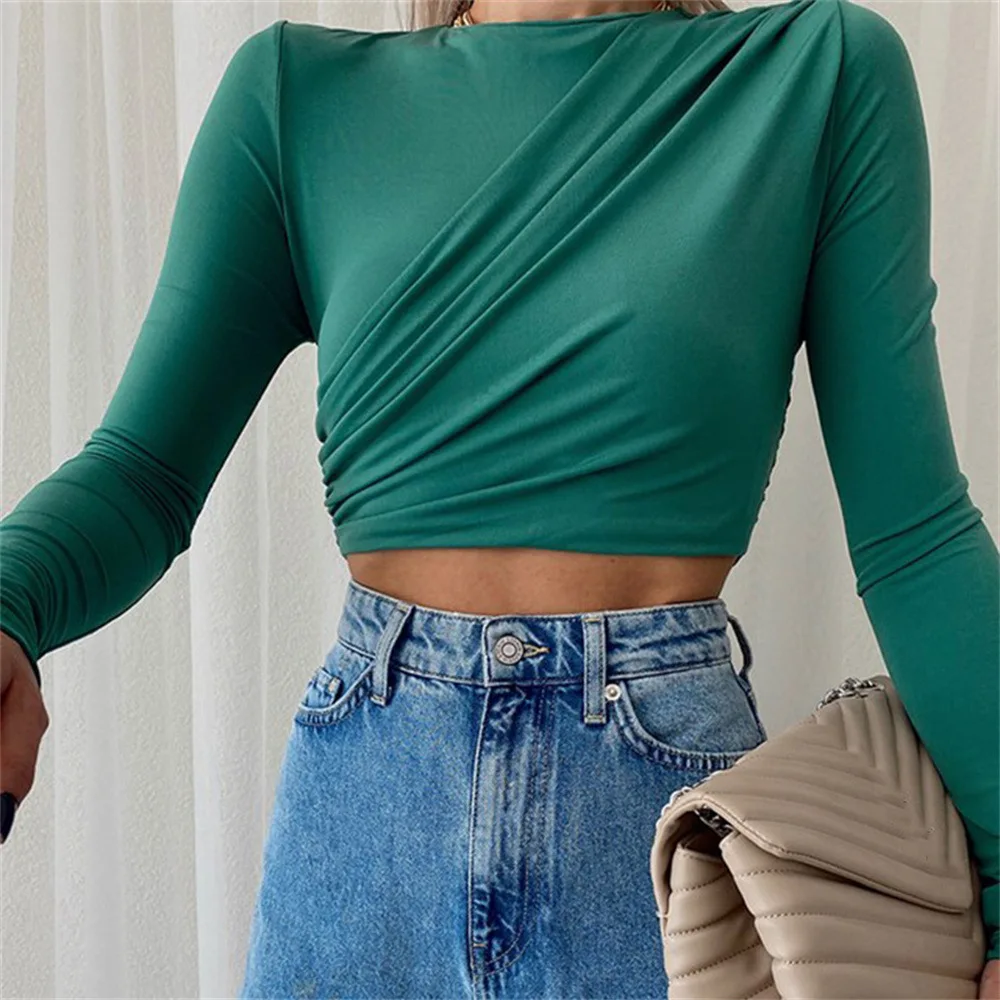 

T-shirt Sexy Round Neck Long Sleeve Slim Short Fashion European And American Long Sleeve Top Casual Simple