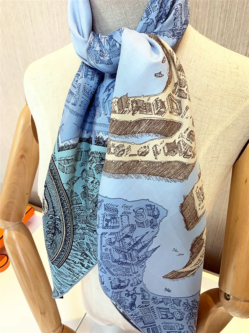 

90cm Horse Printing Scarf Women Luxury Brand Bandana Handmade Curled Twill Silk Square Hijab Scarf Foulard Head Scarves Shawl
