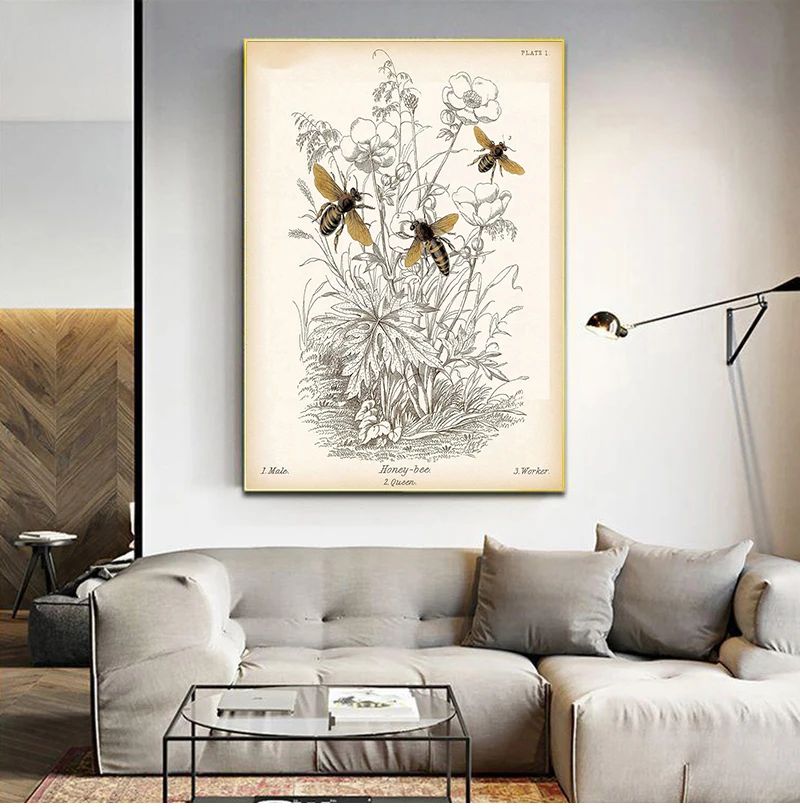 

Винтажная картина в виде насекомых, искусство естественного развития, искусство на холсте, живопись, биология, декор для фермерского дома