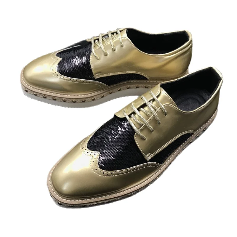 

Классические туфли на платформе в британском стиле, мужские модные туфли на шнуровке, броги, оксфорды, золотые деловые повседневные туфли д...