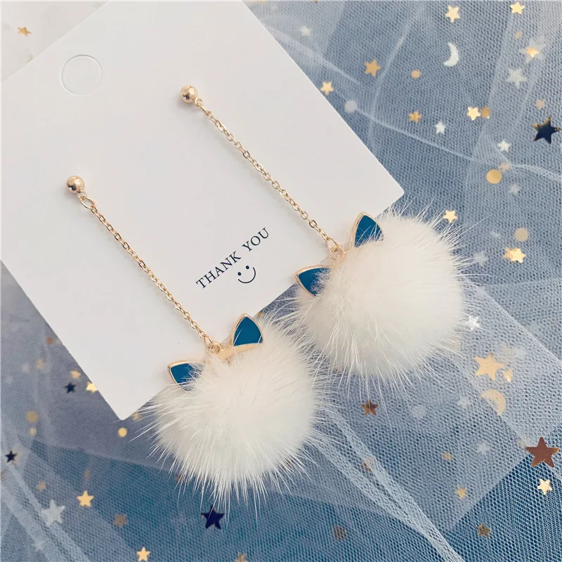 Женские серьги подвески с помпоном милые длинные из кроличьего меха и кошачьими