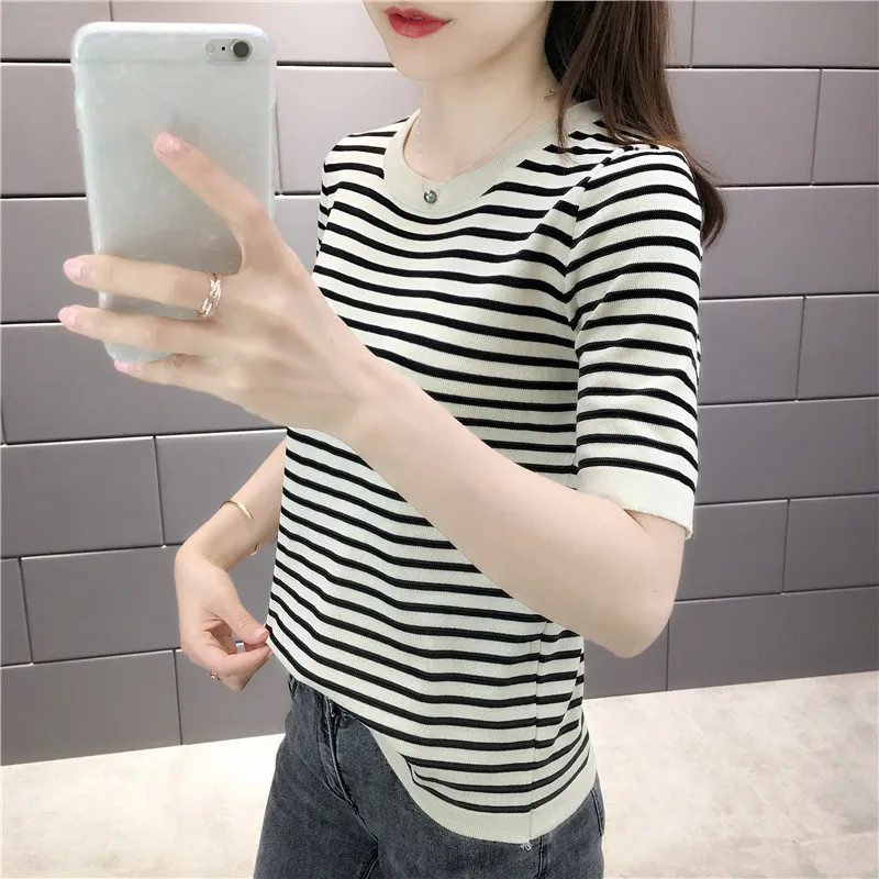 Женская футболка сезон весна-лето 2020 новые футболки топы вязаные в полоску с