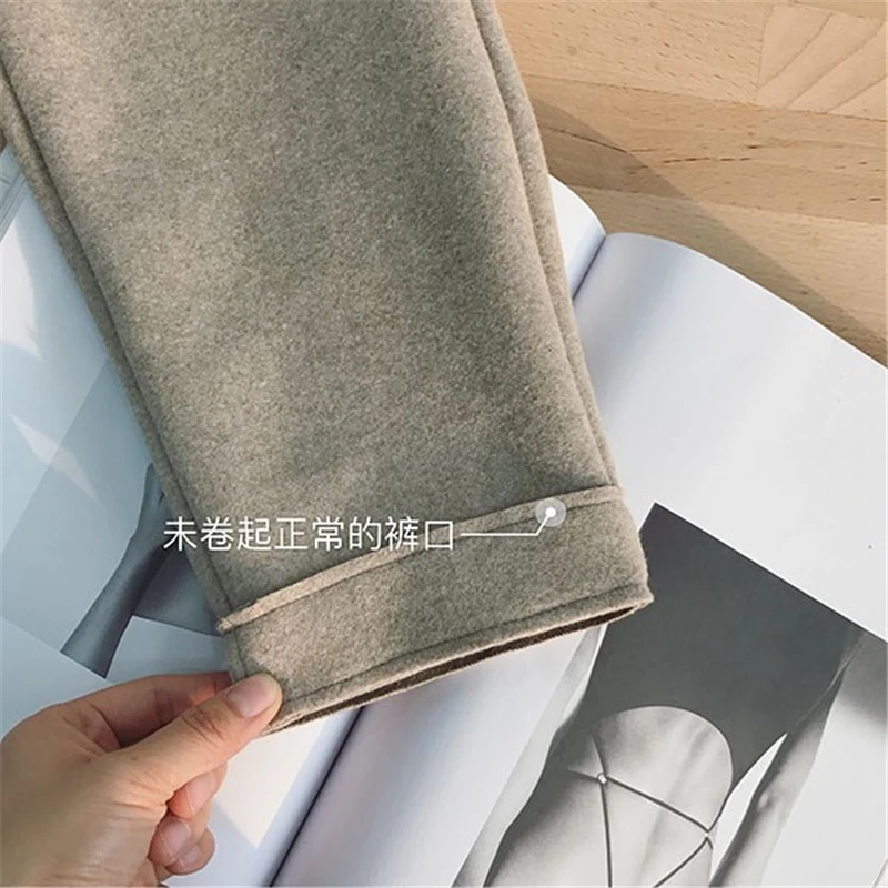 BGTEEVER Autumn Winter Thicken Pants Women Elastic Waist Pockets Woolen Female Pencil Pant Elegant Warm Trousers femme