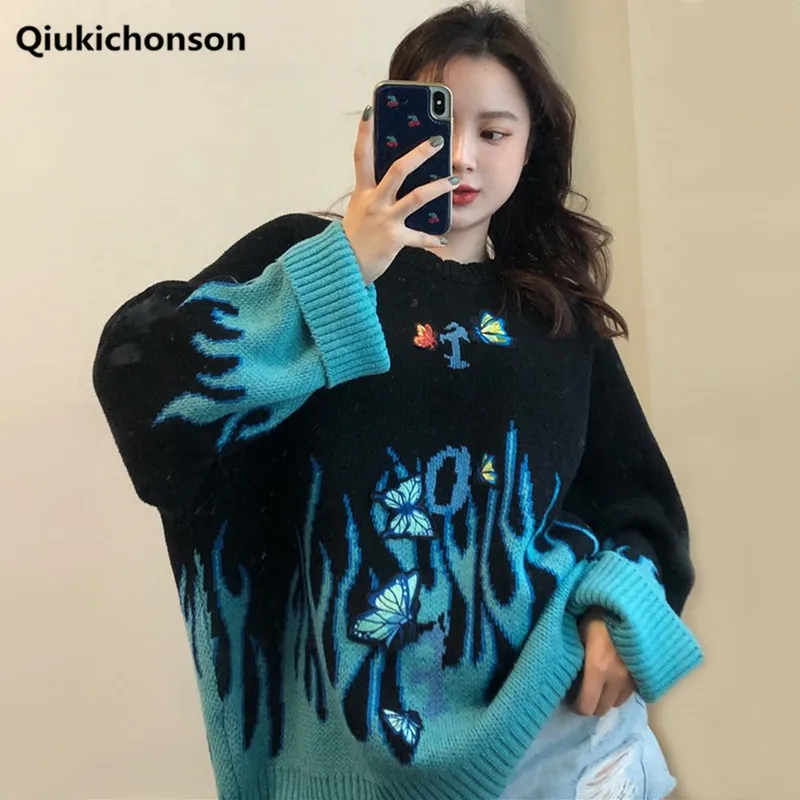 

Бабочка пламени свитер для женщин осень-зима топы Харадзюку без застежки модные жаккардовые вязаный свитер Свободный пуловер женские джем...