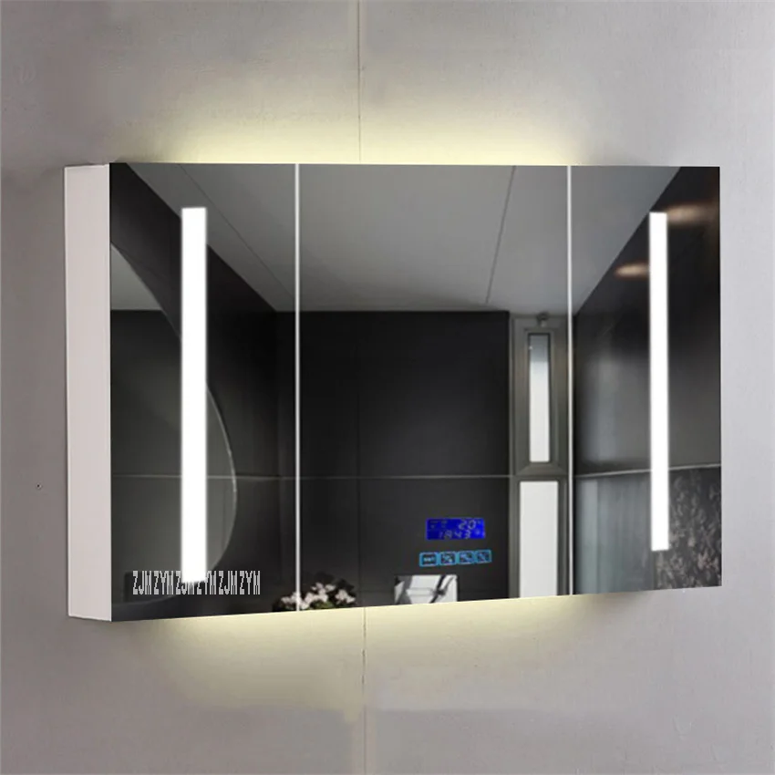 

90/100/110/120/130cm Smart Mirror Cabinet Antifog Modern Bathroom Toughened Glass Solid Wood Wall Mounted Cabinet 110V/220V