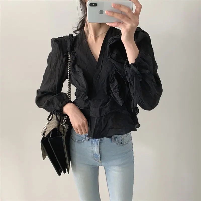 Стильные плиссированные пикантные однотонные Топы HziriP с оборками повседневные