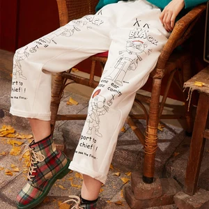 Женские прямые брюки ELFSACK, Белые Повседневные офисные брюки с мультяшным принтом в Корейском стиле, весна 2020
