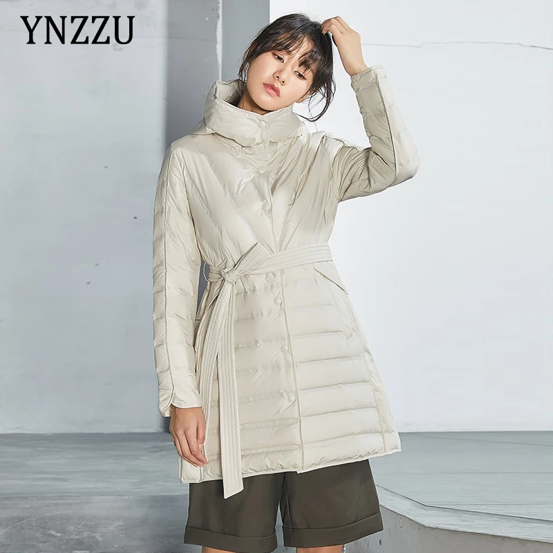 

Casual 2021 Winter Female Black White Down jacket With belt Office lady Hooded Long Coat 90% White duck down Outwear YNZZU 1O297