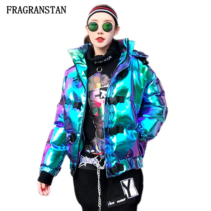 

Winter Women Thick Warm Hooded Jacket Fashion Personality Laser Padded Coat Female Harajuku Plus Size Street Style Parkas Q508