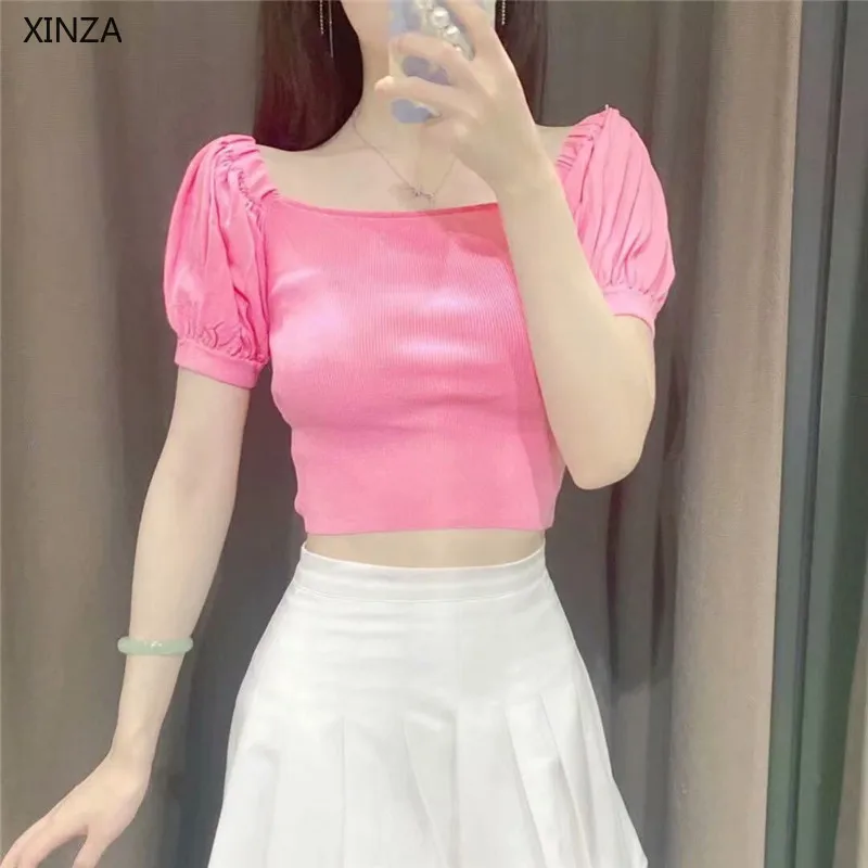 

2021 Za Summer Cropped Knit Top Women Short Puff Sleeve Sexy Off Shoulders Blouse Woman Chic Squared Neck Pink Green Blouses