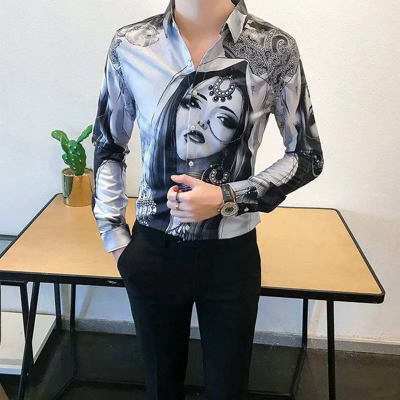 Men's long-sleeved shirts, button-down collar shirts, casual printed beauties pattern tops  mens fashion clothing trends shirts