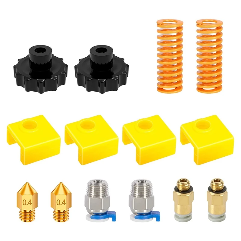 

3D Printer Kit Brass Nozzle Plastic Nut Spring Yellow Silicone Sleeve Suitable for Ender 3 and CR-10 Series 3D Printers