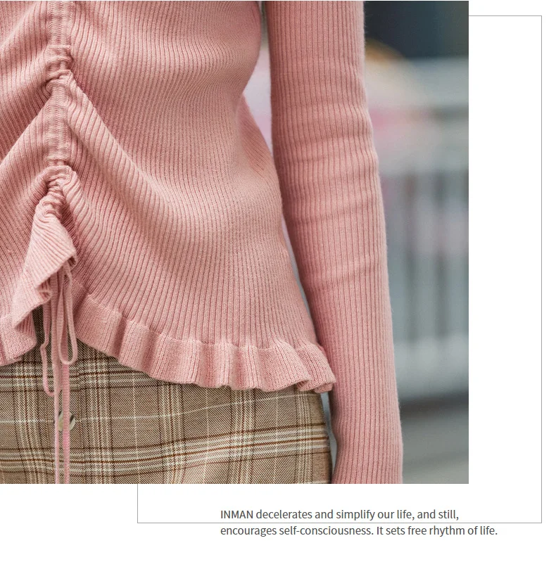 INMAN Winter Elegant Solid Color V Neck Drawstring Flower Swing Women Pullover Sweater