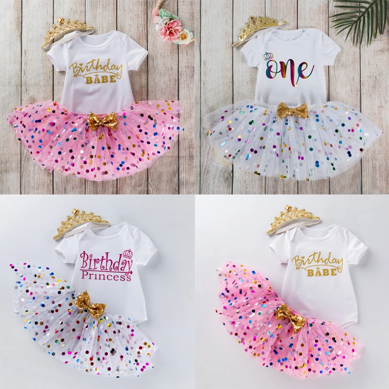 

Милые комплекты с надписью для маленьких девочек, наряды на 1-й день рождения, Одежда для новорожденных, малышей, детей, многоцветная юбка, од...