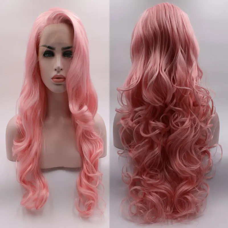 BM Synthetic 13*3 Lace Front Wig Pink Layered Body Wave Heat Resistant Fiber Hair Natural Hairline With Bangs For Women Wigs