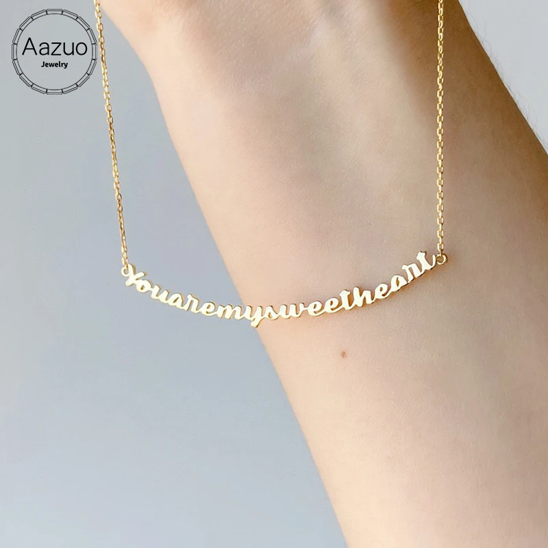 

Aazuo 18K Yellow Gold No Stone Fairy Customize Letter You are my Sweet Heart Necklace gifted for Women Wedding Link Chain Au750