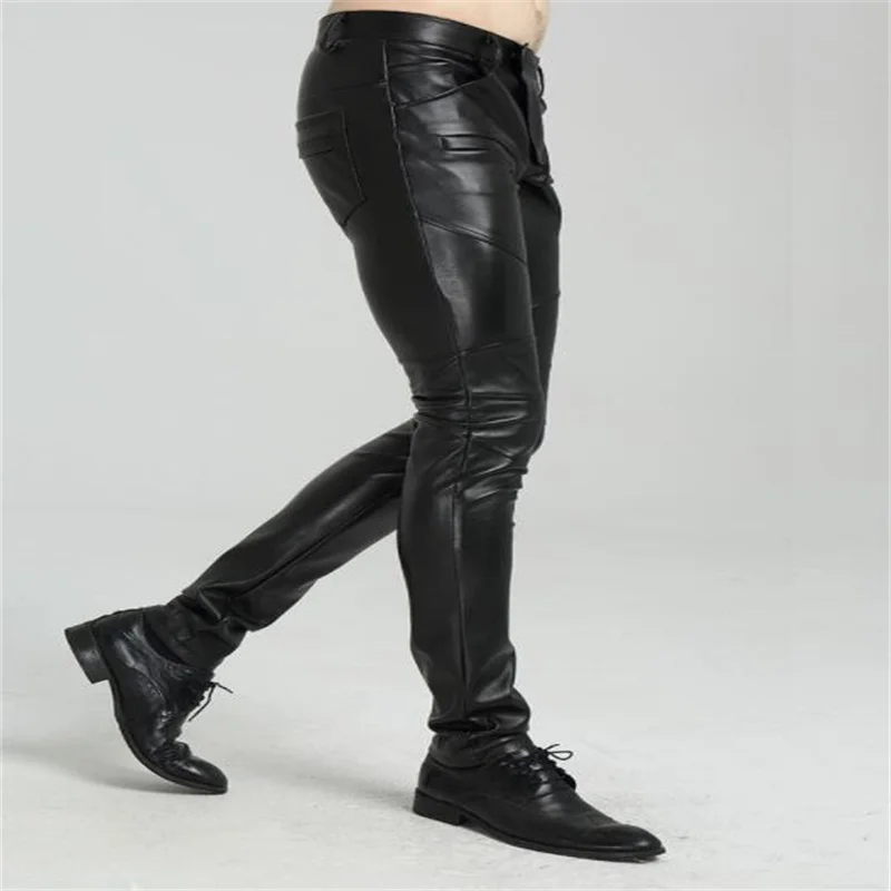 Men's leather pants motorcycle plus velvet slim korean small feet trousers autumn winter 가죽바지 deri pantolon leren