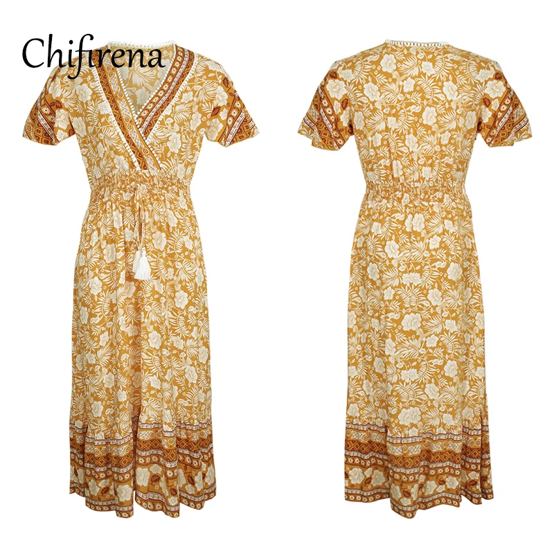 

Chifirena Short Sleeve Summer Dress Women 2021 Vintage Beach Dresses Bandage Boho Party Sundress V Neck Tunic Midi Vestidos Robe