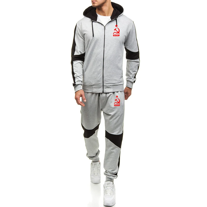 

Hoodies Sets Men Unique CCCP Russian USSR Soviet Union Print Fleece Warm Zipper Jacket Tracksuit sweatshirt sweatpants suit 2Pcs