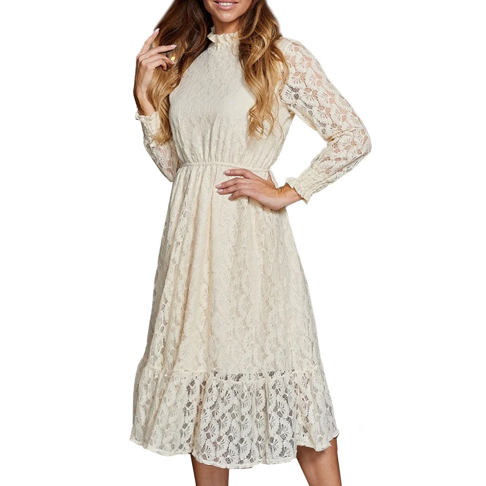 

2021 spring and summer new European and American women's clothing beige wooden ear collar long sleeve elegant elegant dress