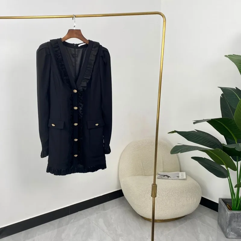 

Женское платье с пышными рукавами, черное элегантное облегающее платье составного кроя с оборками и оборками, осень 2021