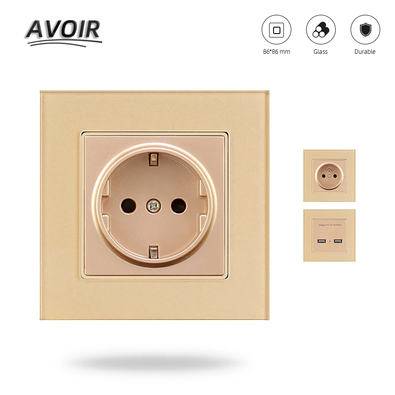 

Avoir Eu French Standard Glass Panel Wall Outlet Electrical Power Socket Dual Usb Port Power Wall Socket Suitable For Mobile
