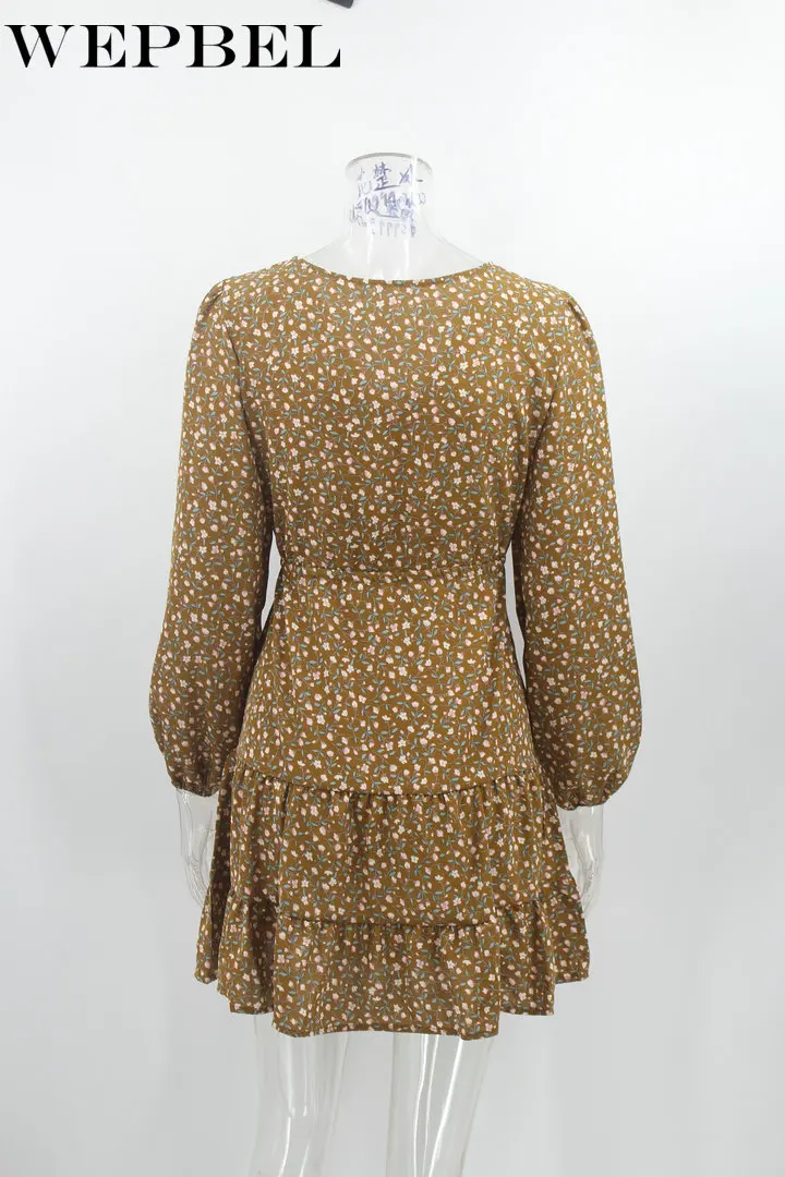 

Mandylandy Women Autumn Sexy Dress Casual Lady Long Lantern Sleeve Deep V Neck Floral Print Lace Up Mini Dress