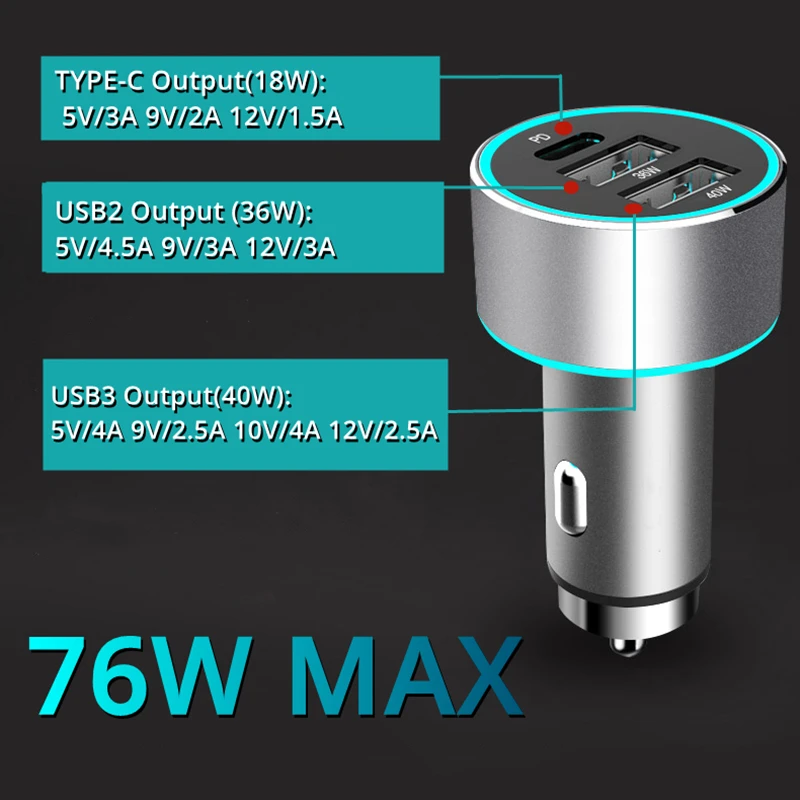 

76W USB Metal Car Charger QC3.0 Type C PD Quick Charge 4.0 3.0 QC4.0 PPS Fast For iPhone 12 11 Xiaomi Samsung Oneplus Huawei P40