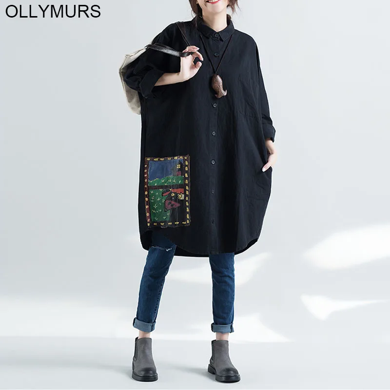 2019 New Women Plus Size Cartoon Print Shirt Blouse Cotton Oversize Batwing Vintage Long Cardigan Roupa Feminin 6XL | Женская одежда