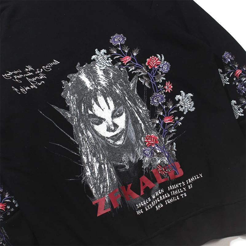 

Aolamegs Autumn Oversized Hoodies Men Couple Sweatshirts Elf Printed Flower Embroidery Streetwear High Street Hooded Pullover