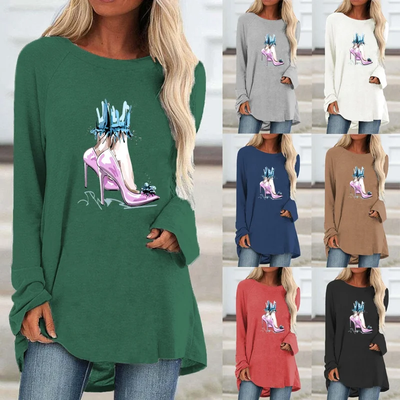 

Autumn Women Fashion Casual Round Neck Long Sleeved Printed Shirts & Tops Loose Ladies Graphic T-shirt Blouse Plus Size