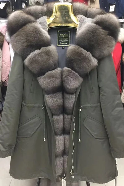 Женская зимняя парка пальто куртка лиса енот съёмная подклдка кролика с капюшоном классический 82 см Длина качество ткань супер 17005 D08 - Цвет: green D08 T12  M51