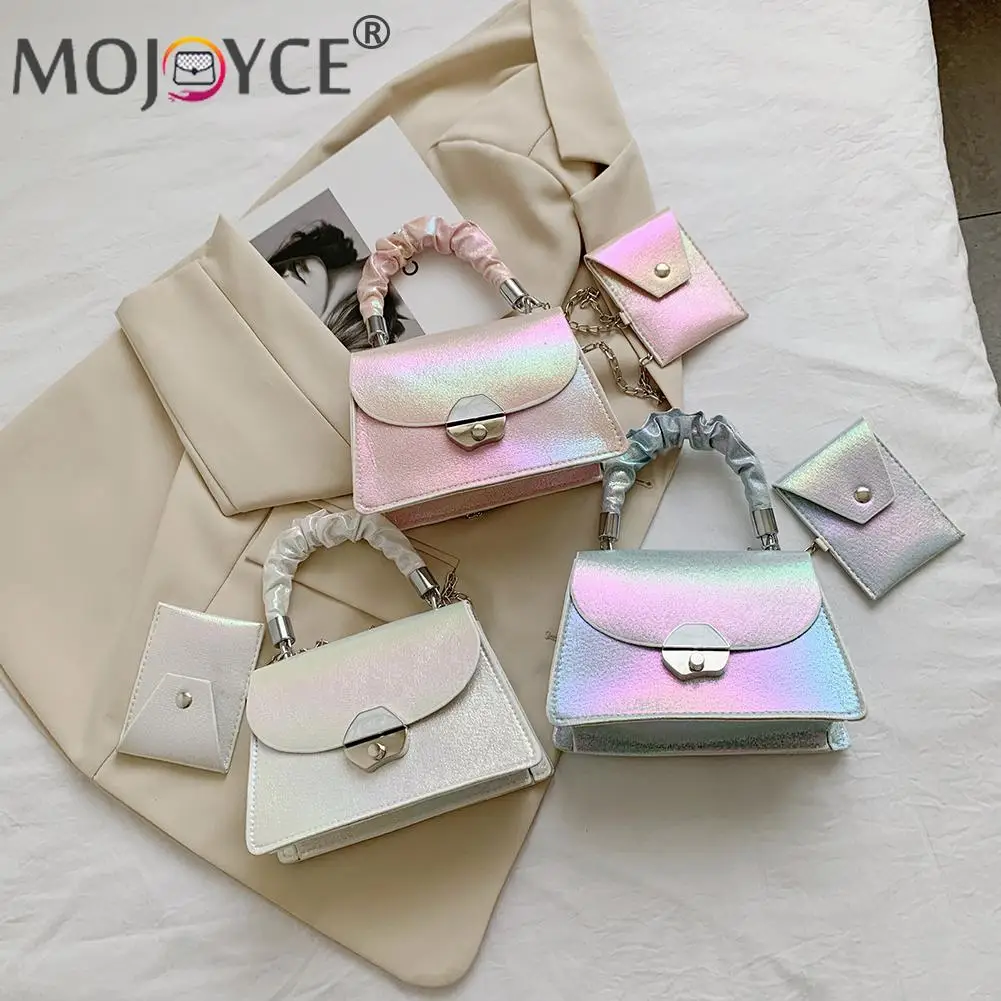 

Vintage Women PU Leather Chain Shoulder Crossbody Bag with Pleated Handle Casual All-match Laser Color Handbags Composite Bags